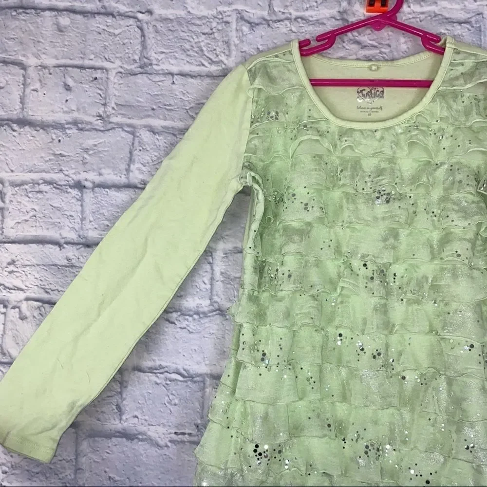 Justice ruffle front sequin shimmer top green sz10